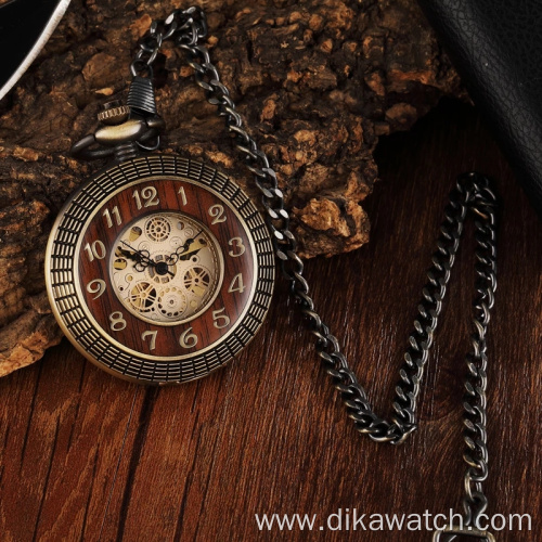 Vintage Wood Circle Carved Number Dial Mechanical Pocket Watch Men Unique Hollow Steampunk Bronze Mechanical Clock Watch chain